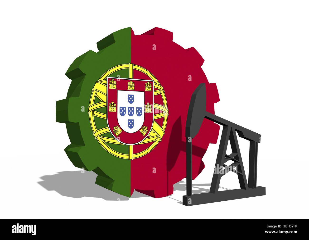 Zahnrad mit Ölpumpe, strukturiert von der Flagge Portugals. Konzept der Schwerindustrie und Bergbauindustrie. 3D-Rendering Stockfoto