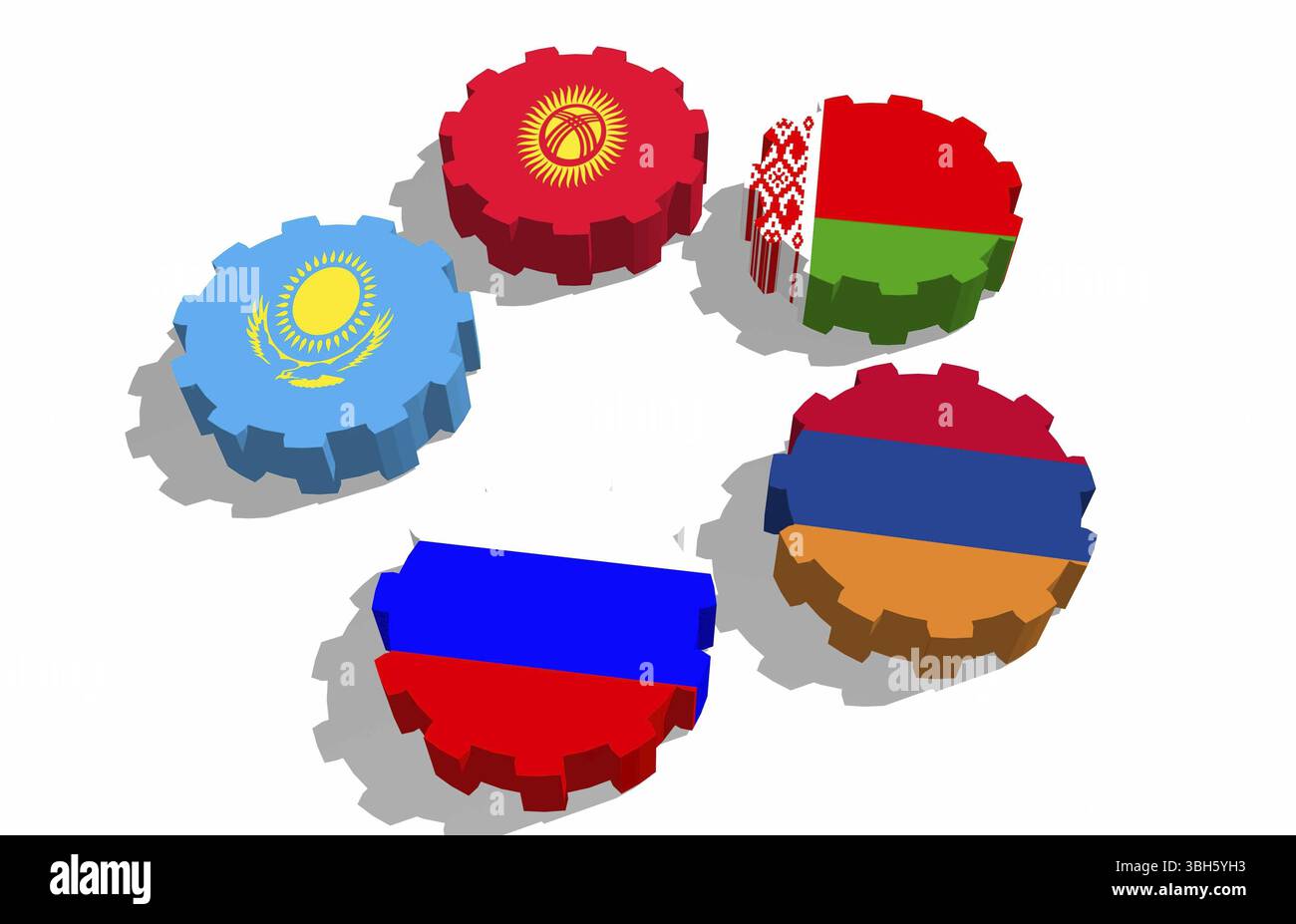 Der Verband der Eurasischen Wirtschaftsunion, der vier Volkswirtschaften angehört, Flaggen auf dem Fanggerät Stockfoto