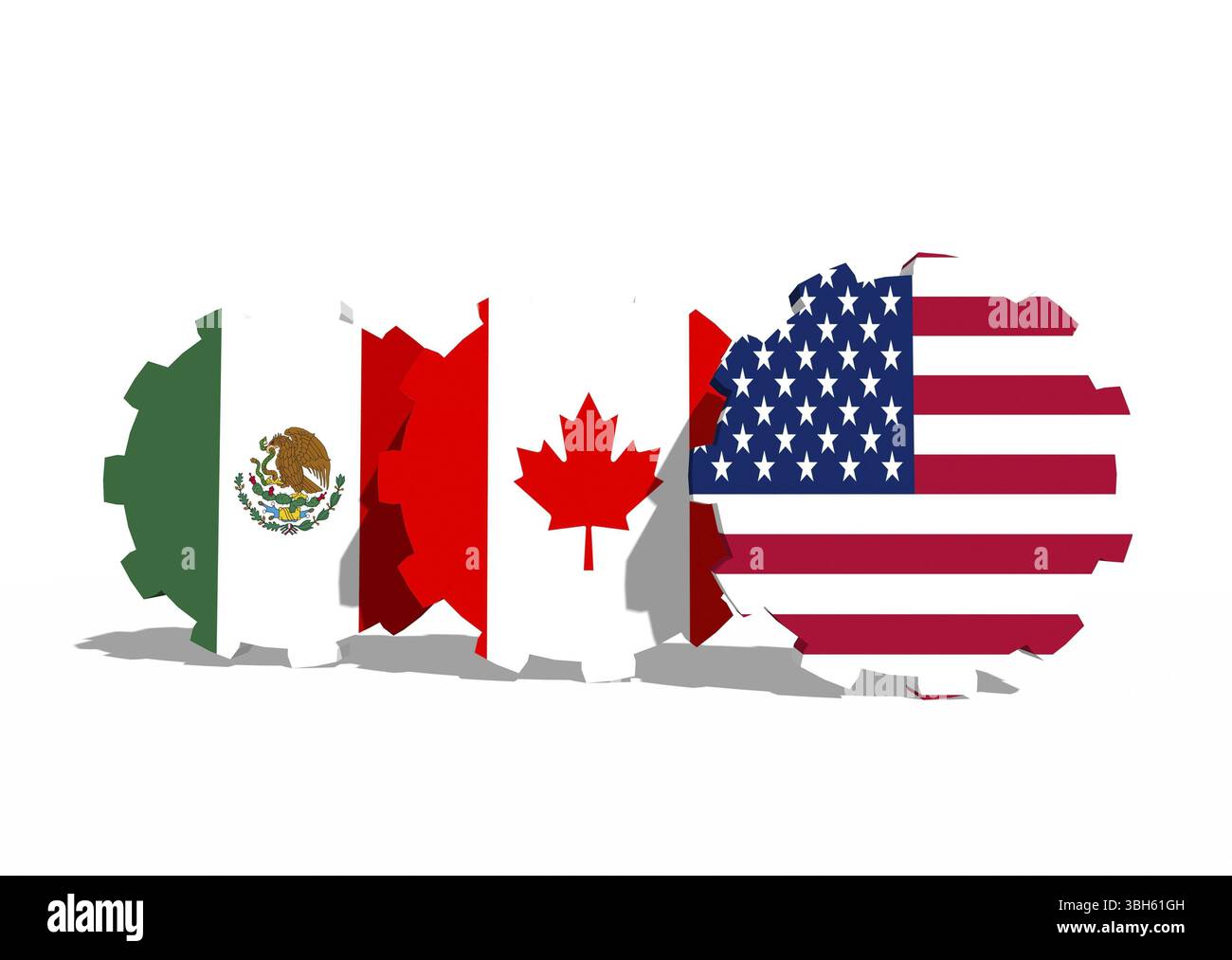 Nordamerikanische Freihandelsabkommen-Mitgliedsflaggen auf Zahnrädern Stockfoto