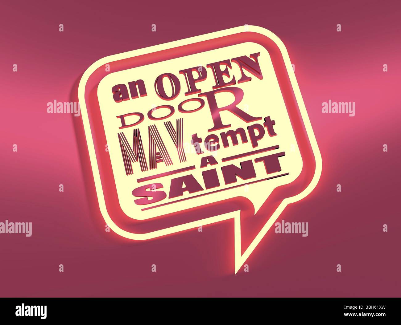 Anführungszeichen. Neon-Glanz-Text. Konstruktionselement ähnelt dem Angebot. Motivationszitat. Eine offene Tür kann den heiligen verführen Stockfoto