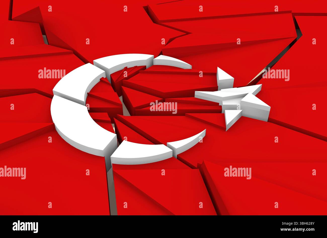 Bild zur politischen Situation in der Türkei. Gebrochene Nationalflagge. 3D-Rendering Stockfoto