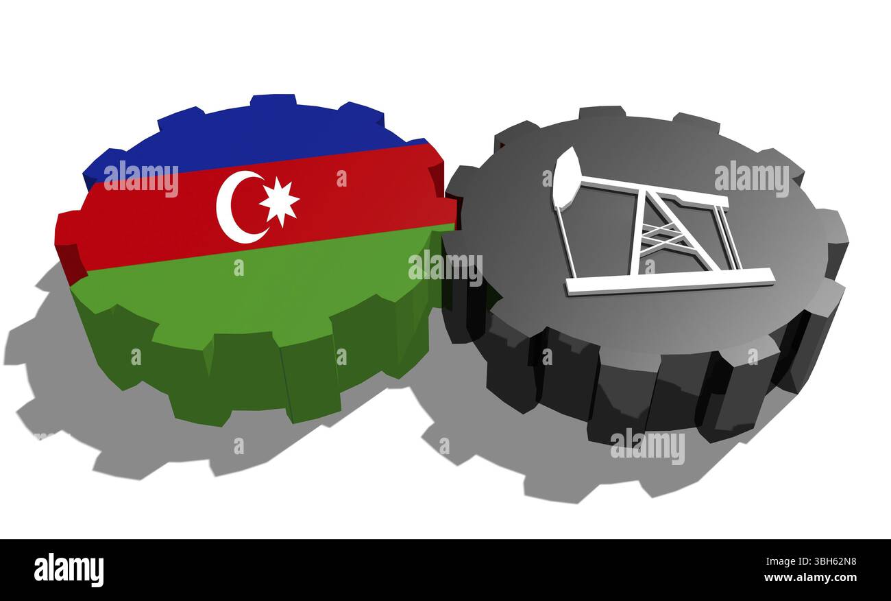 Zahnradverbindung. Ölpumpensymbol und aserbaidschanische Flagge auf Zahnrädern. Konzept der Schwerindustrie und Bergbauindustrie. 3D-Rendering Stockfoto
