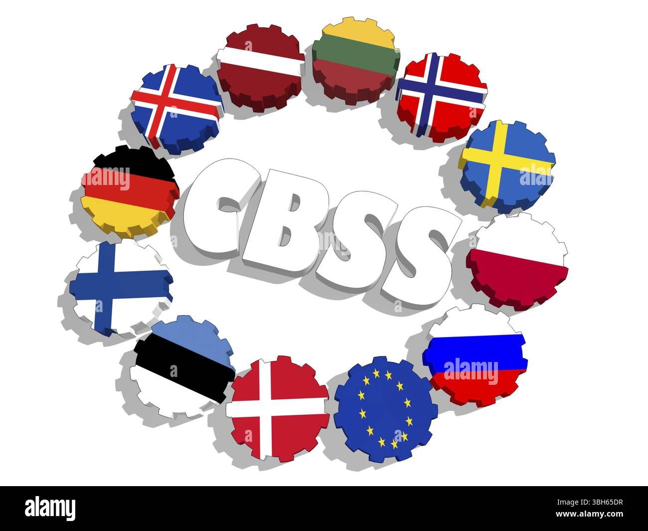 Rat der Ostseestaaten - Verband von fünf nationalen Volkswirtschaften Mitgliedsflaggen auf Gear.3D-Rendering Stockfoto