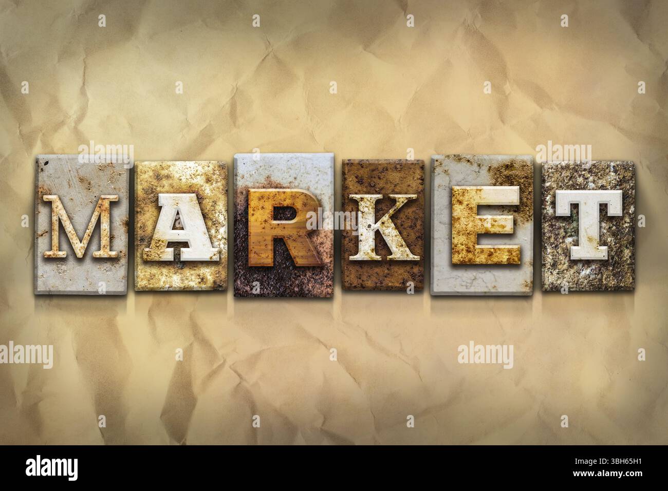 Das Wort MARKET, geschrieben in rostigem Metall-Buchdruck auf einem zerbröckelten alten Papierhintergrund Stockfoto