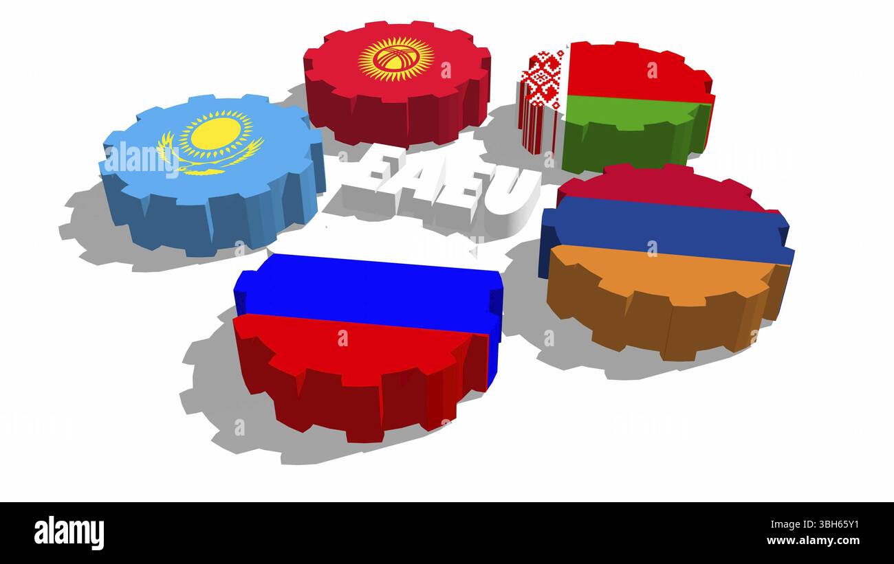 Der Verband der Eurasischen Wirtschaftsunion, der vier Volkswirtschaften angehört, Flaggen auf dem Fanggerät Stockfoto