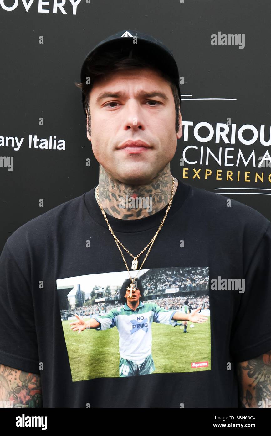 Mailand, der Fotoanruf der besten Comics- und Spiele-Veranstaltung für Popkultur im Superstudio Più. Auf dem Foto: Fedez (Rapper und Podcaster von Pulp Podcast) Stockfoto