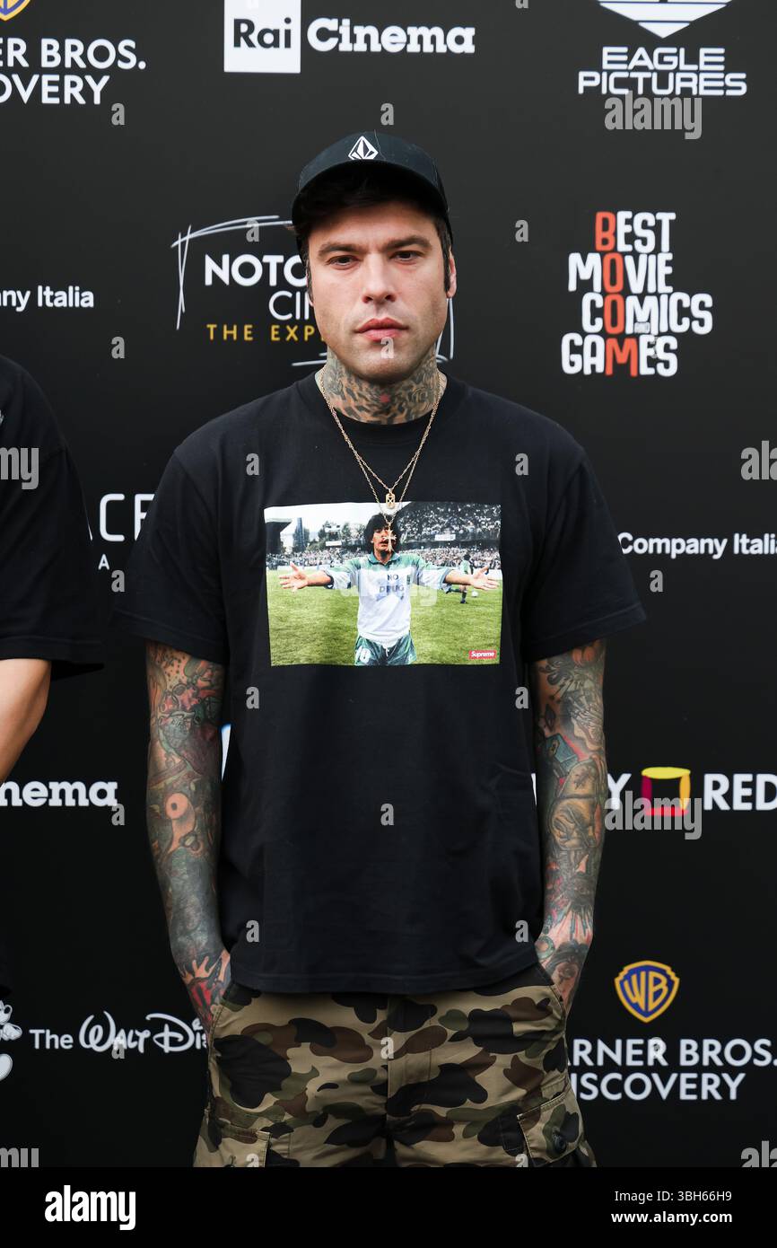 Mailand, der Fotoanruf der besten Comics- und Spiele-Veranstaltung für Popkultur im Superstudio Più. Auf dem Foto: Fedez (Rapper und Podcaster von Pulp Podcast) Stockfoto