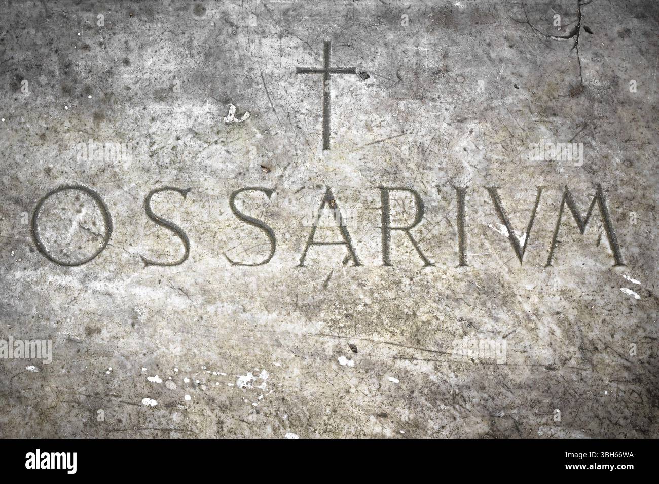 Ein Grabstein aus dem mittelalterlichen Italien, in dem die Gebeine der Pestopfer von 1600 aufbewahrt werden Stockfoto