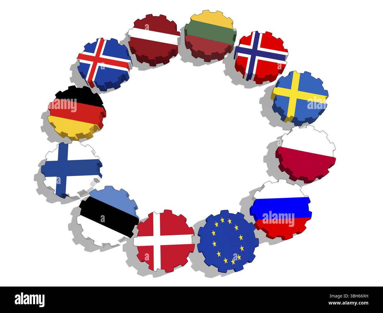 Rat der Ostseestaaten - Verband von fünf nationalen Volkswirtschaften Mitgliedsflaggen auf Gear.3D-Rendering Stockfoto