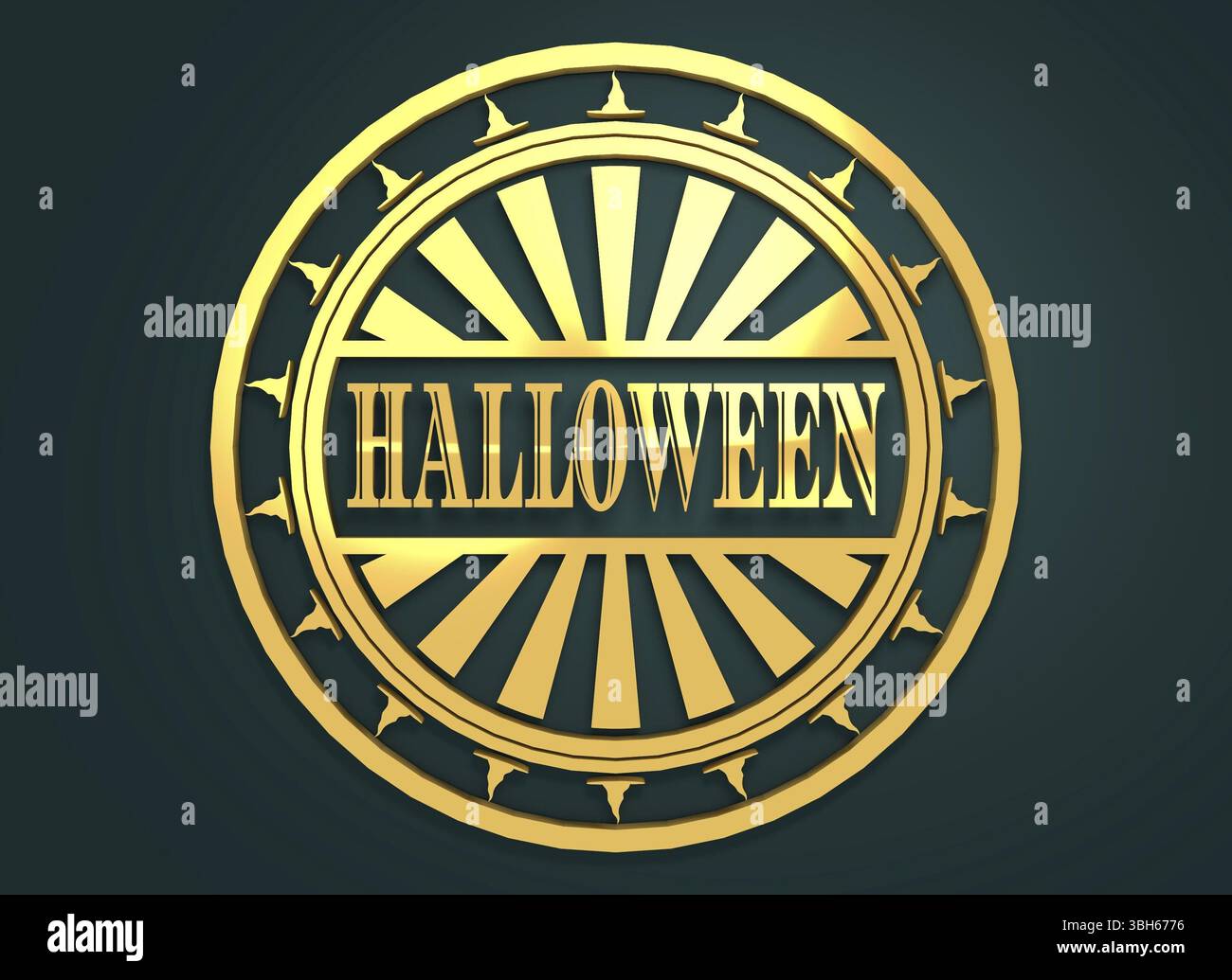 Geschnitzter Stempel mit Halloween-Text und Kürbissymbolen. 3D-Rendering. Metallisches Material. Goldenes Siegel Stockfoto