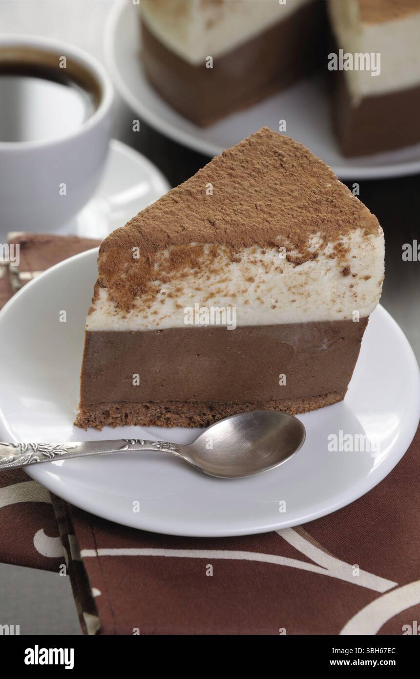 Ein Stück Schokolade mit Kakao mit Vanillemousse-Kuchen Stockfoto