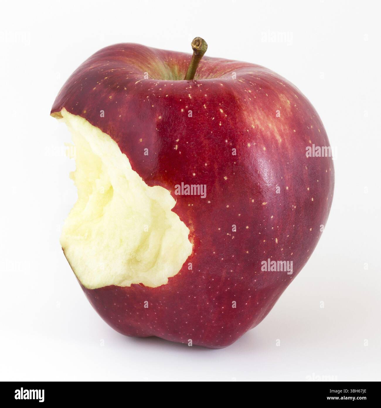Nahaufnahme eines gebissenen Apfels auf weißem Hintergrund und Kopierraum Stockfoto