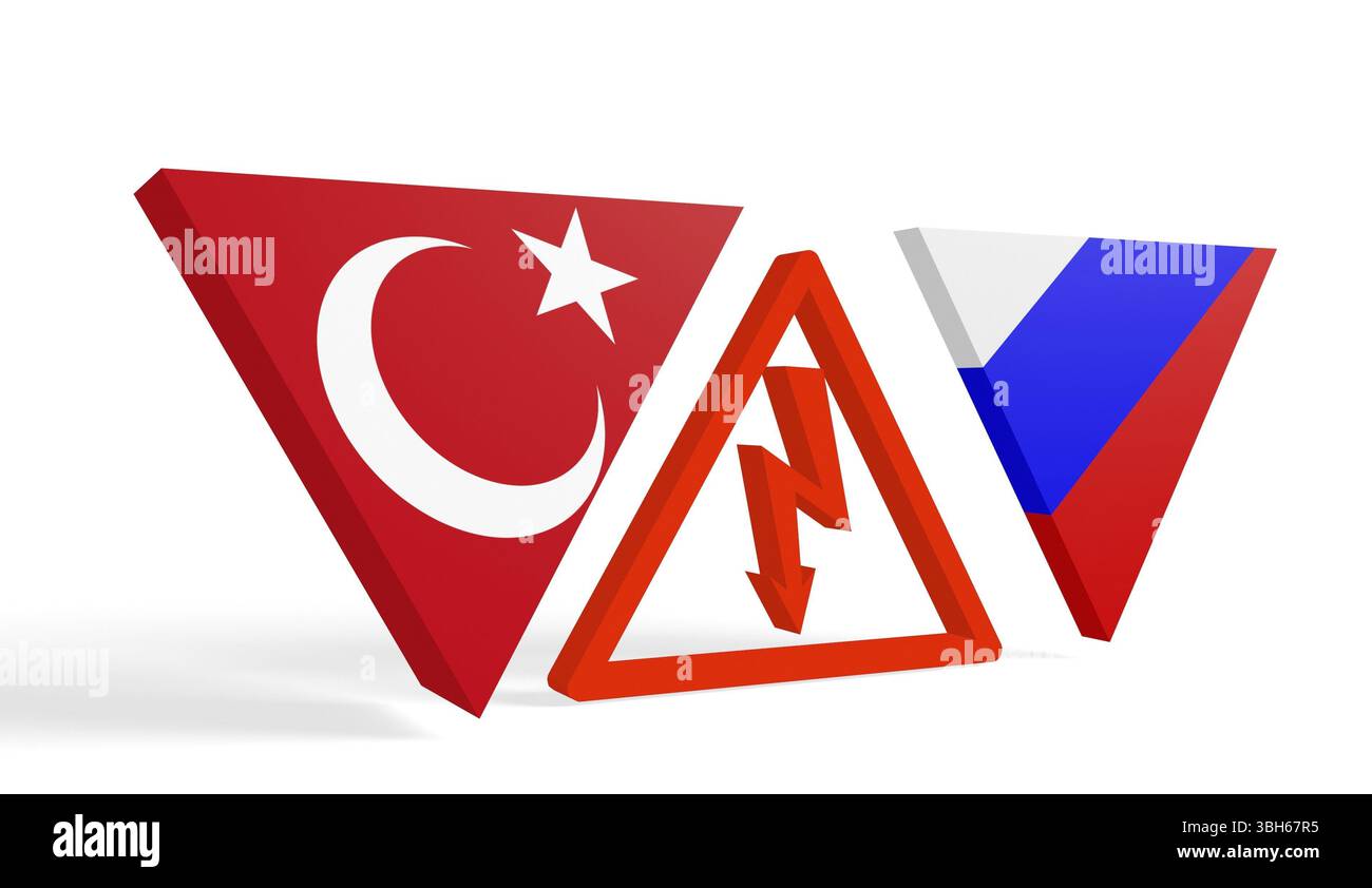 Bild relativ zu Politik Beziehungen zwischen Russland und der Türkei. Nationale Flaggen auf tringles Banner durch hohe Spannung Zeichen unterteilt Stockfoto