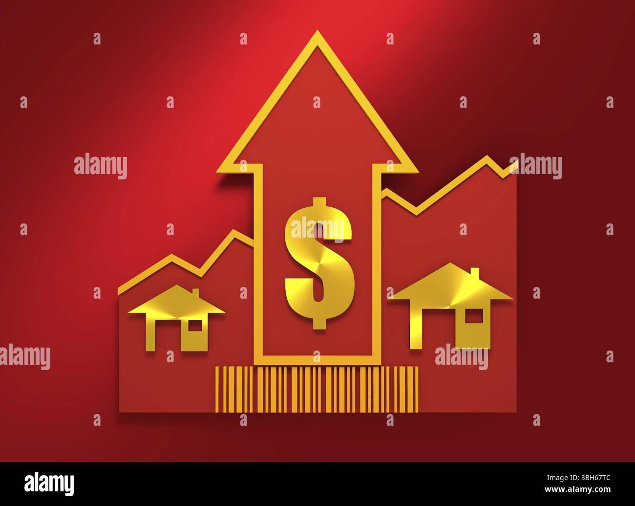 Haus-Symbole und Aufwärtspfeil. Wachstumsdiagramm und Barcode. Relativ zum Immobiliengeschäft. 3D-Rendering Stockfoto
