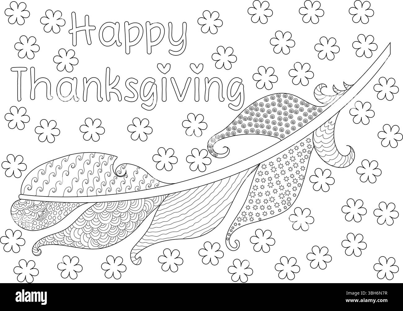 Schwarz-weiße Strichgrafik-Illustration für Thanksgiving mit Text „Happy Thanksgiving“, einer dekorativen Feder mit Mustern und kleinen Blumen. Ide Stock Vektor