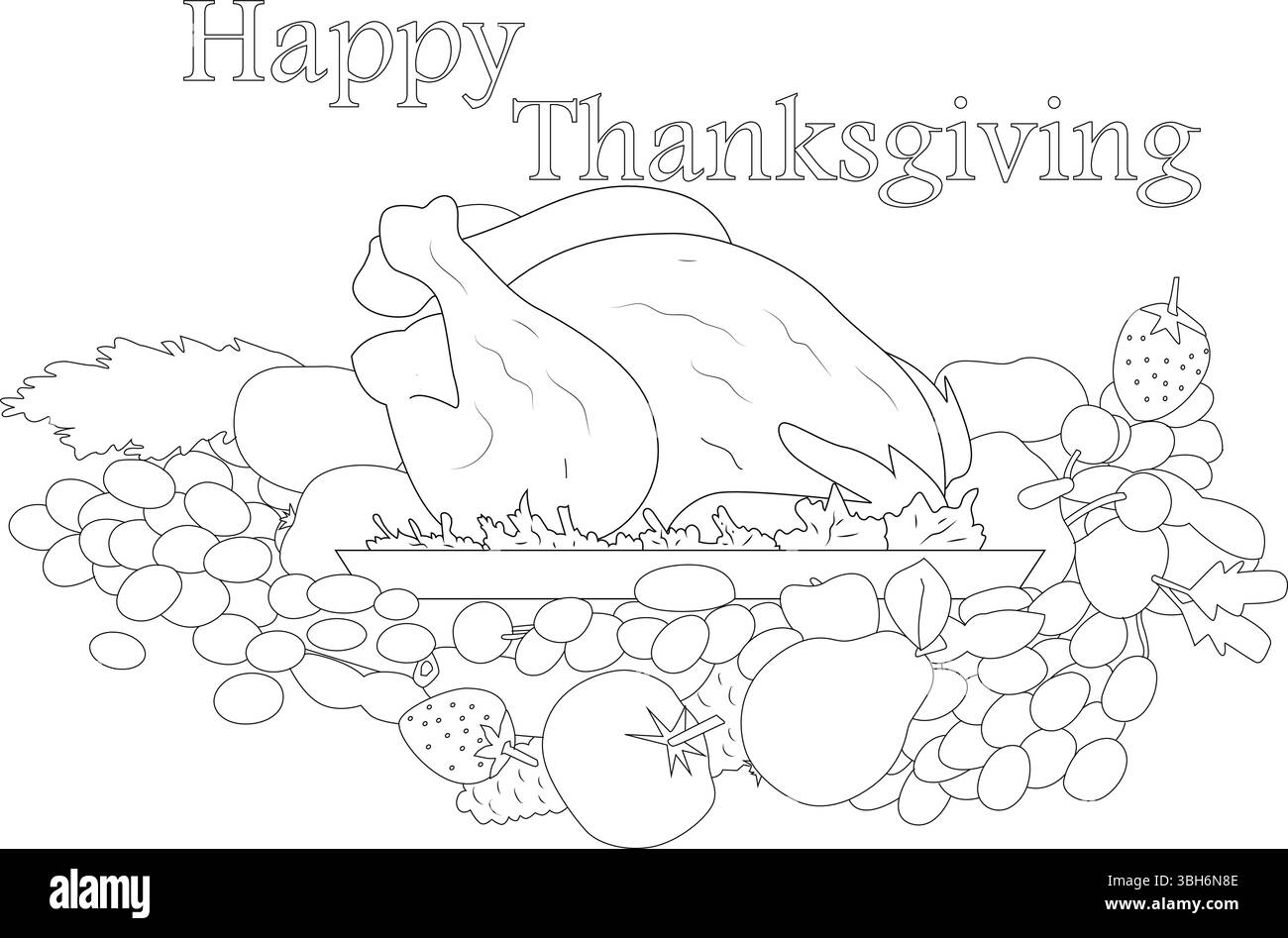 Schwarz-weiße Umrissdarstellung eines traditionellen Thanksgiving-Dinners mit einem gerösteten truthahn umgeben von Obst und Gemüse, mit „Happy Stock Vektor