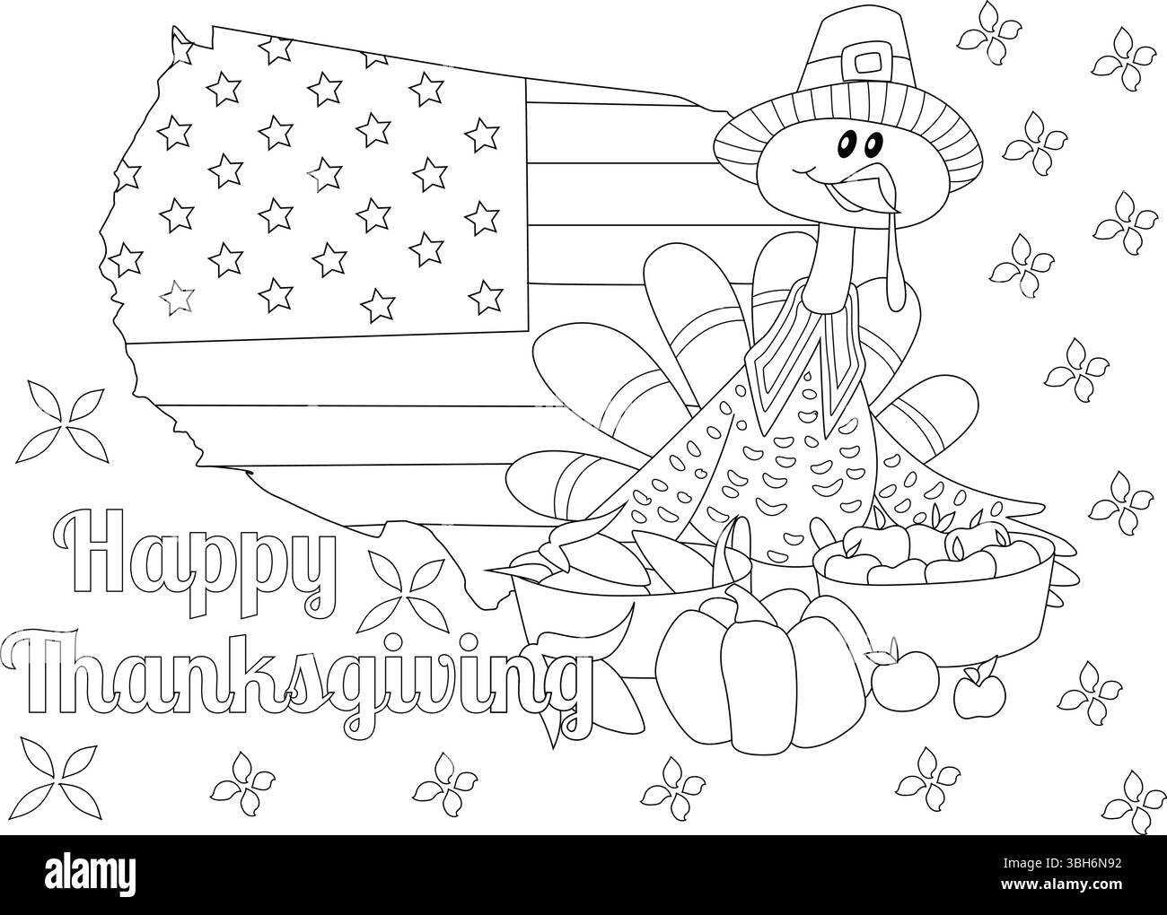 Schwarz-weiße Umrissillustration für die Färbung mit einem glücklichen truthahn, der einen Pilgerhut trägt, umgeben von Erntedankdankensymbolen wie Pumpe Stock Vektor