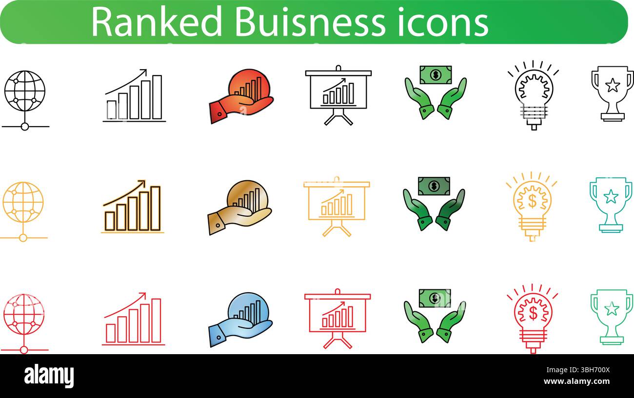 Ranged Business Icons Set – Symbole für Erfolg, Wachstum und Leistung in modernen flachen und 3D-Formaten Stock Vektor