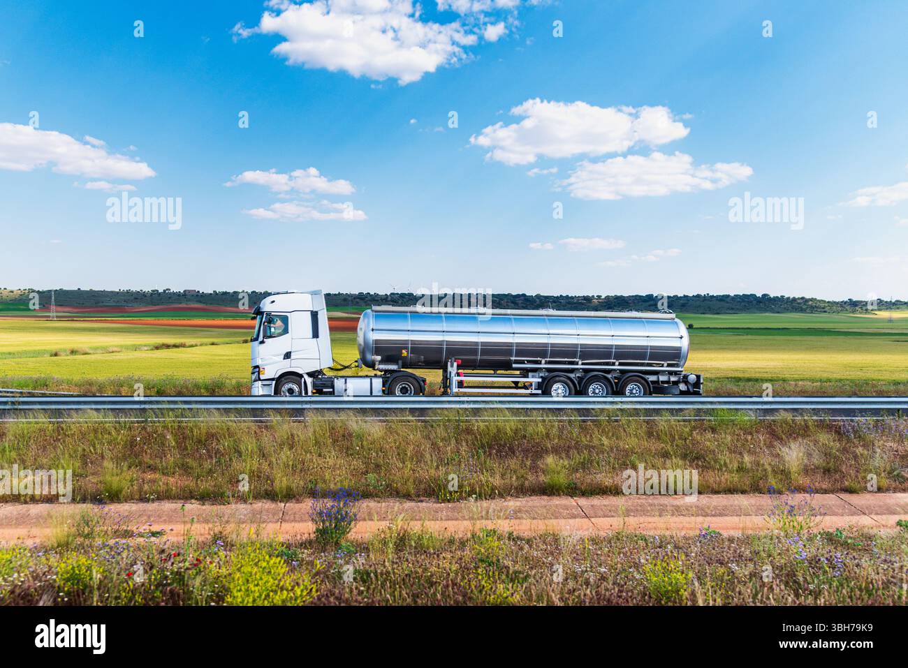 Tankwagen für flüssige Lebensmittel, die auf einer Straße zwischen bewirtschafteten Feldern fahren. Stockfoto
