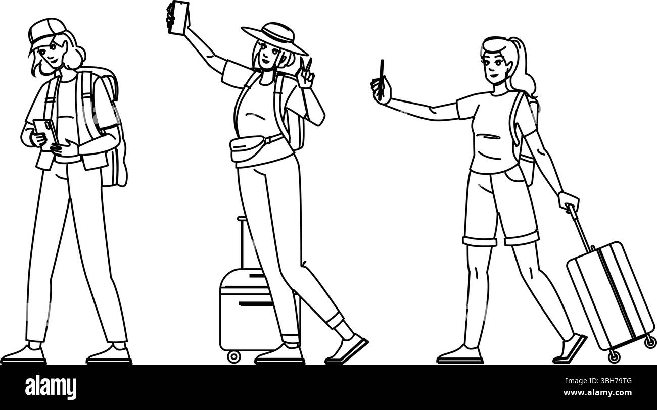 Entdecken Sie weibliche Touristentelefonvektor Stock Vektor