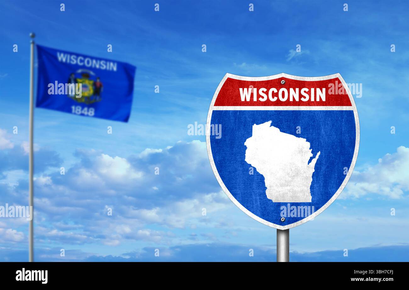 Interstate-Schild mit Flagge des US-Bundesstaates Wisconsin Stockfoto