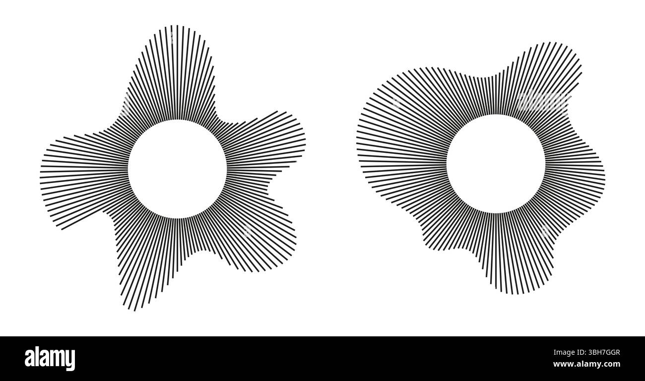 Radial gewellter Rahmensatz. Kreisförmige Wellen. Tonlinien-Muster. Kreisförmige, dünne Ringe. Radialstrahlen. Designelemente. Equalizer-Logo-Symbole, radial Stock Vektor