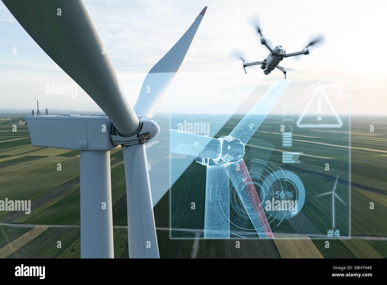 Industriedrohne inspiziert Windturbinen. Stockfoto
