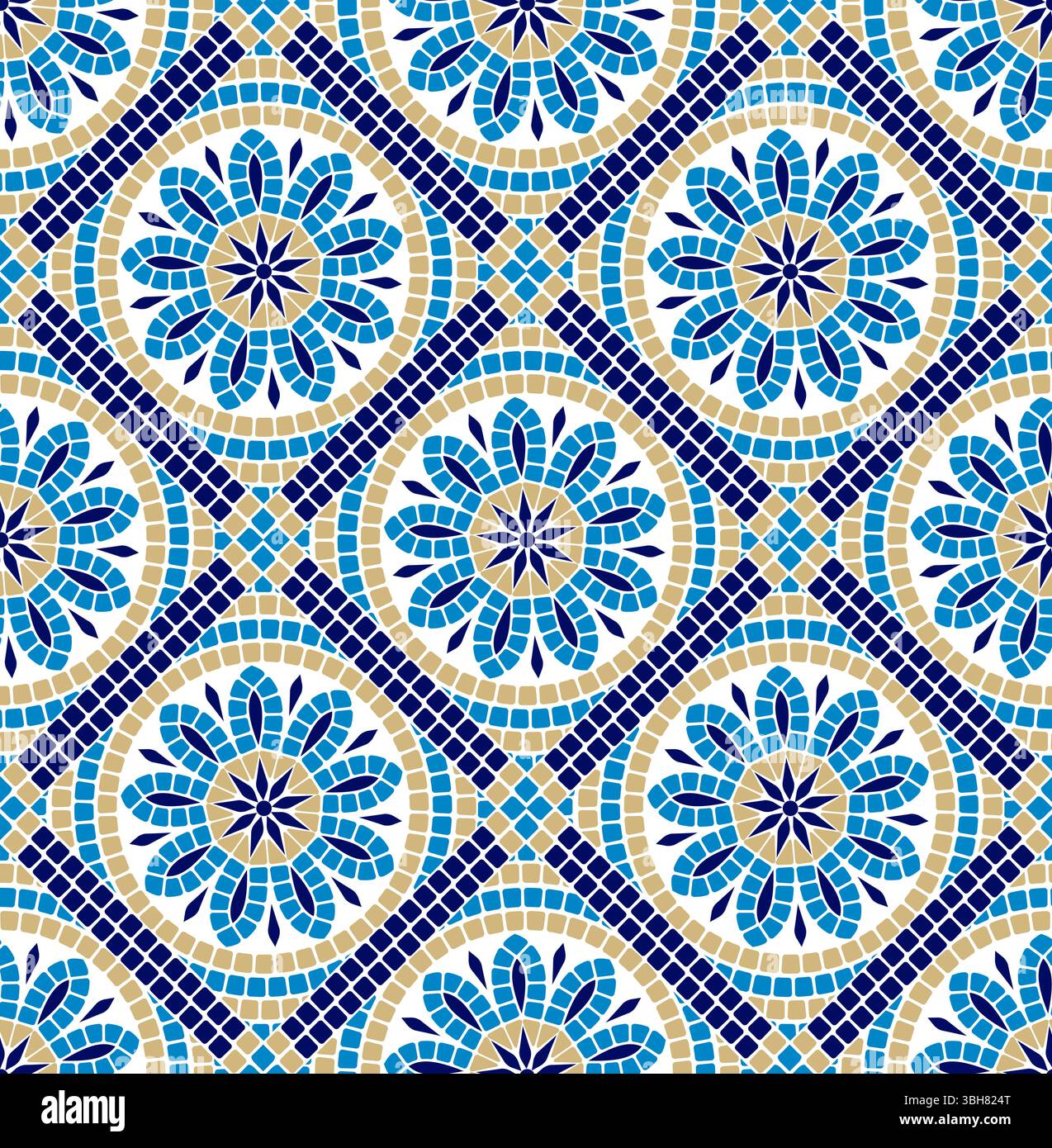 Nahtloses Muster aus runden Mosaikfliesen mit stilisierten Blumenmustern in Blau- und Brauntönen Stock Vektor