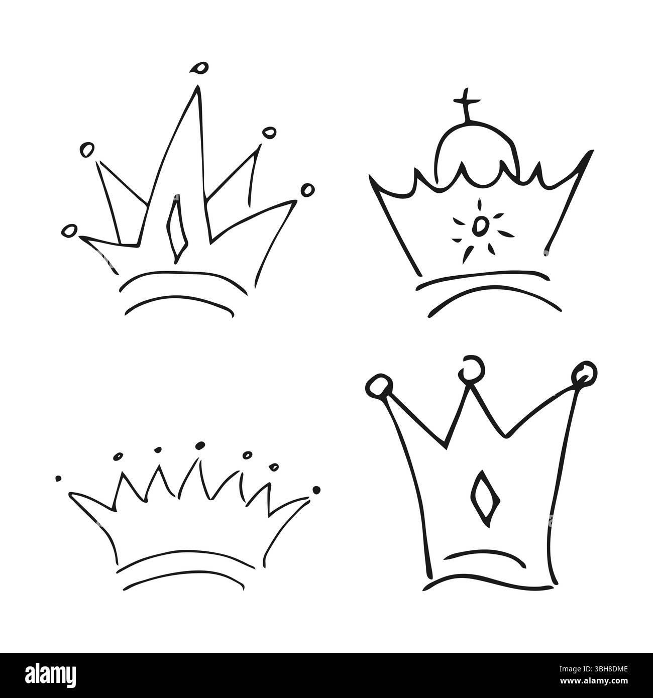 Handgezeichnete Kronen. Set aus vier einfachen Graffiti-Sketch-Königin- oder Königskronen. Königliche kaiserliche Krönung und Monarchensymbole. Schwarze Pinselkritzelei isoliert Stock Vektor