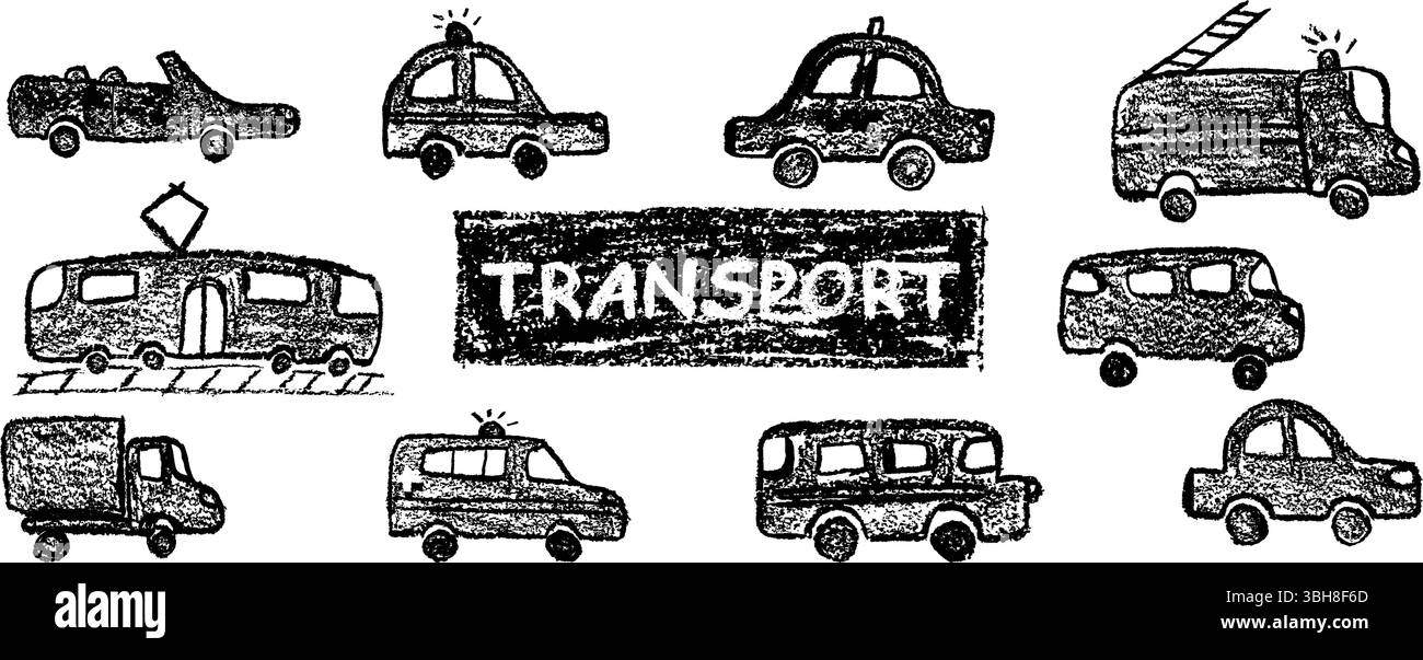 Set aus Buntstiften mit Zugfahrzeugen einschließlich Polizei, Pkw, Krankenwagen, Feuerwehrauto, Taxi und Zug. Wachspastel mit Holzkohle-Grunge-Textur Stock Vektor