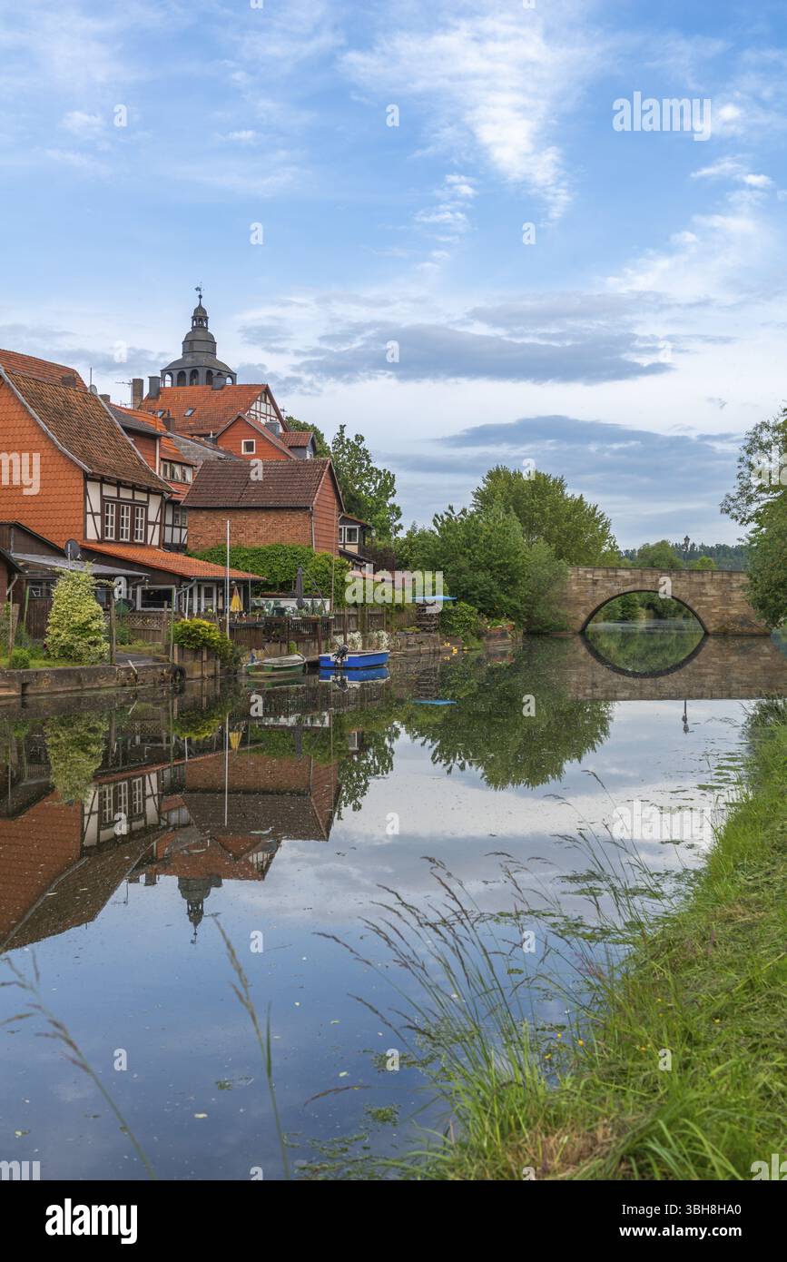 Alte Fischersiedlung entlang der Werra, Bad Sooden, Allendorf, Bezirk Allendorf, Straße Fischerstad unter Denkmalschutz, Fachwerkhaus Stockfoto