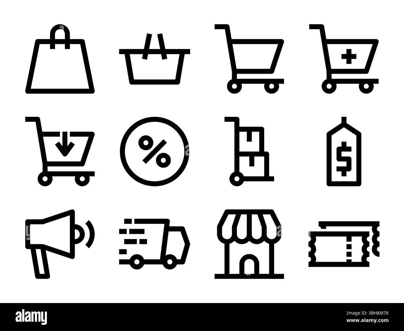 Ein umfassendes Set von wichtigen Symbolen für Shopping und Einzelhandel. Deckt Einkaufstaschen, Körbe, Einkaufswagen, Preisschilder und Werbeelemente für E-Comme ab Stock Vektor