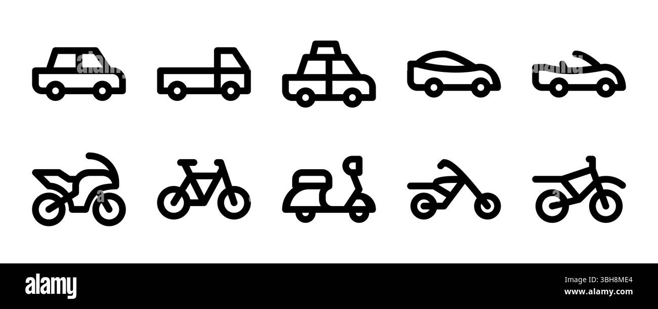 Ein vielseitiges Set an Symbolen für den persönlichen und leichten Transport auf dem Boden. Ideal für Apps, Karten, Automobil- und Lifestyle-Projekte, die Autos und Autos abdecken Stock Vektor