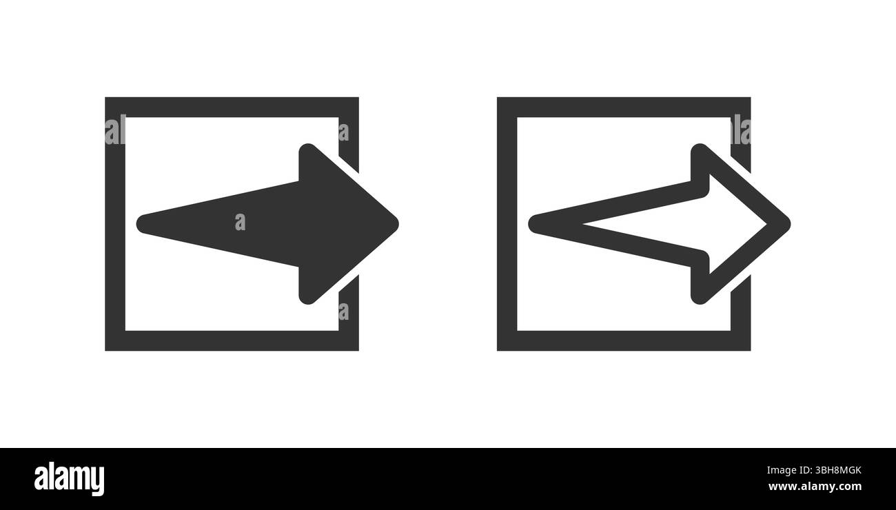 Pfeilsymbole für das Rechtspfeil aus dem Feld. Geeignet für die gemeinsame Nutzung von Optionen, externe Links und das Verschieben von Daten nach außen. Symbol für Freigabe, Extern und Beenden. Stock Vektor