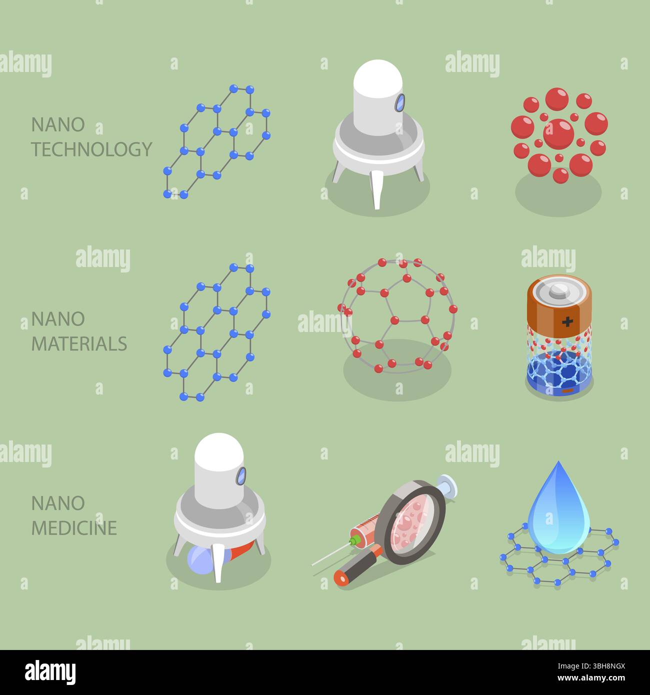 3D Isometrische flache Illustration von Nanotechnologien, modernen Nanomaterialien Stockfoto