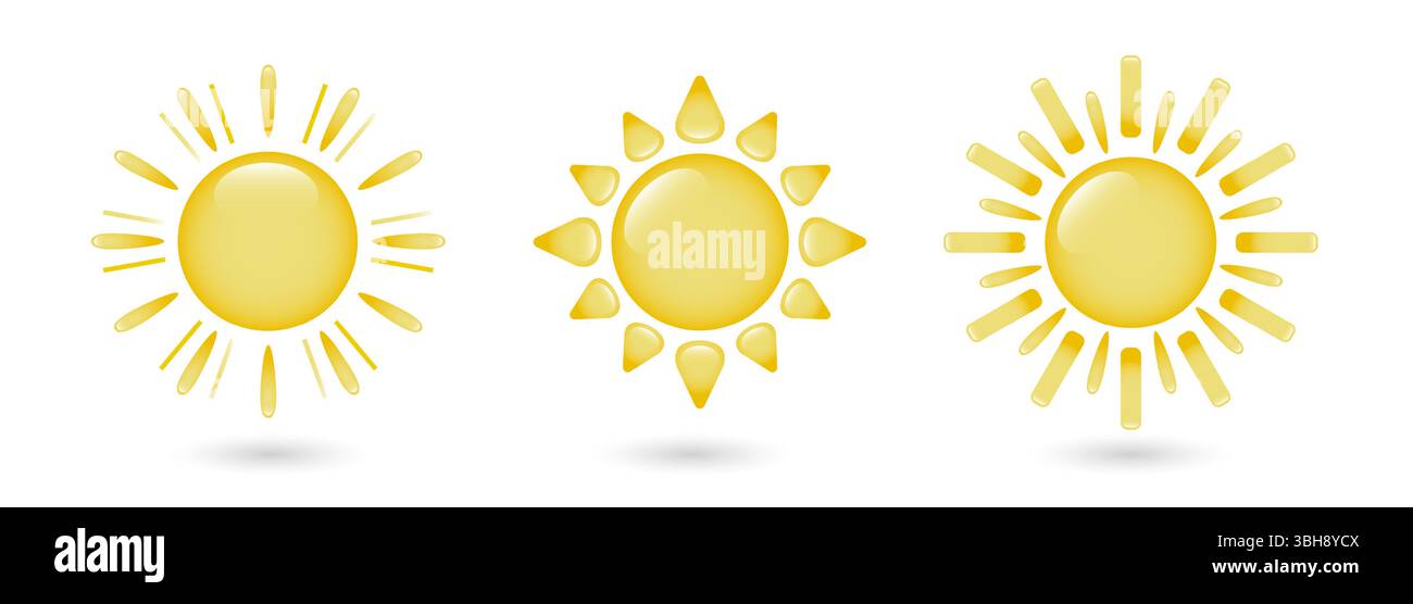 Eine Reihe von Sonnensymbolen. Eine Reihe heller Sonnensymbole mit Strahlen. Ikonen der gelben Sonnensterne. Stock Vektor