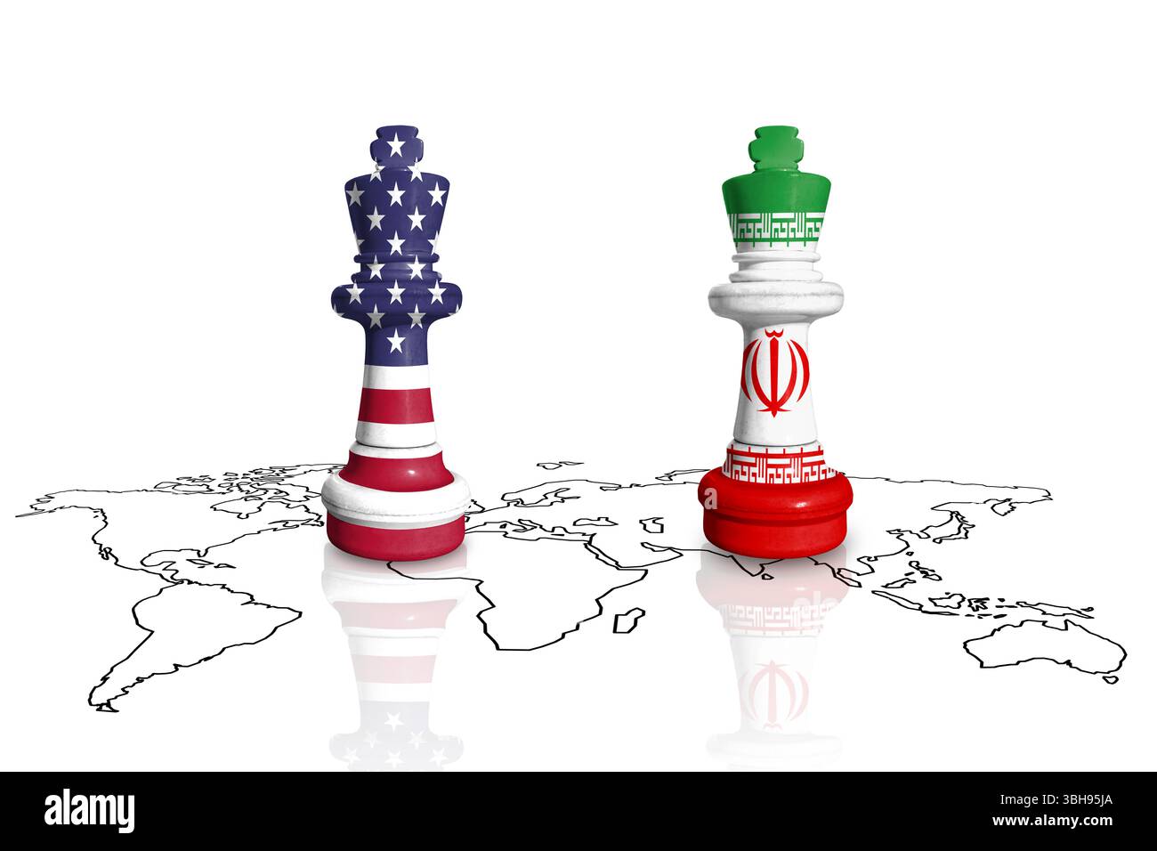 Schach aus USA- und Iran-Flaggen auf einer Weltkarte Stockfoto