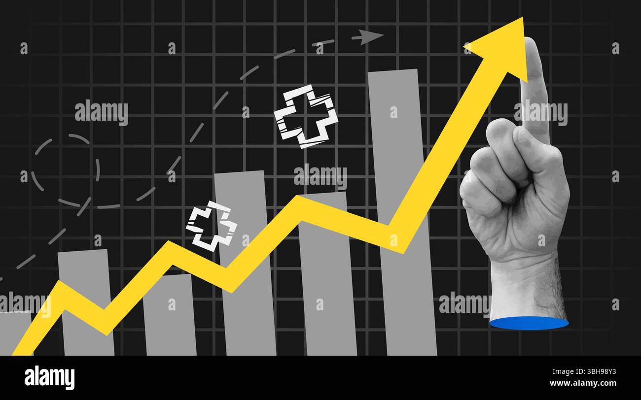 Business Growth Concept Art Retro Collage. Hand halten Pfeil nach oben. Trendiges, modernes Retro-Banner. Vektorabbildung Stock Vektor