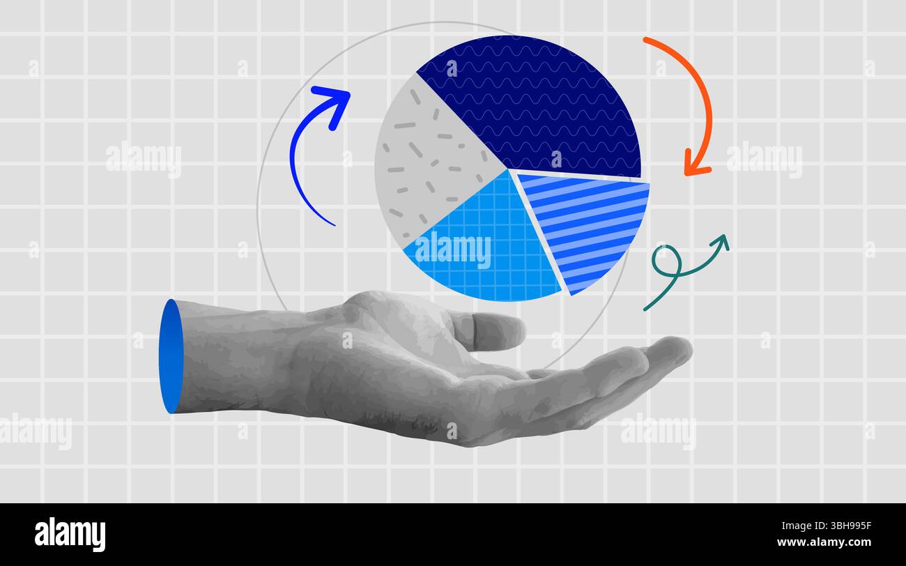 Diagramm mit Retro-Collage-Handhaltern. Geschäftsdaten und Marktanteilskonzept. Moderner Retro-Grunge. Vektorabbildung Stock Vektor Diagramm mit Retro-Collage-Handhaltern. Geschäftsdaten und Marktanteilskonzept. Moderner Retro-Grunge. Vektorabbildung Stock Vektor