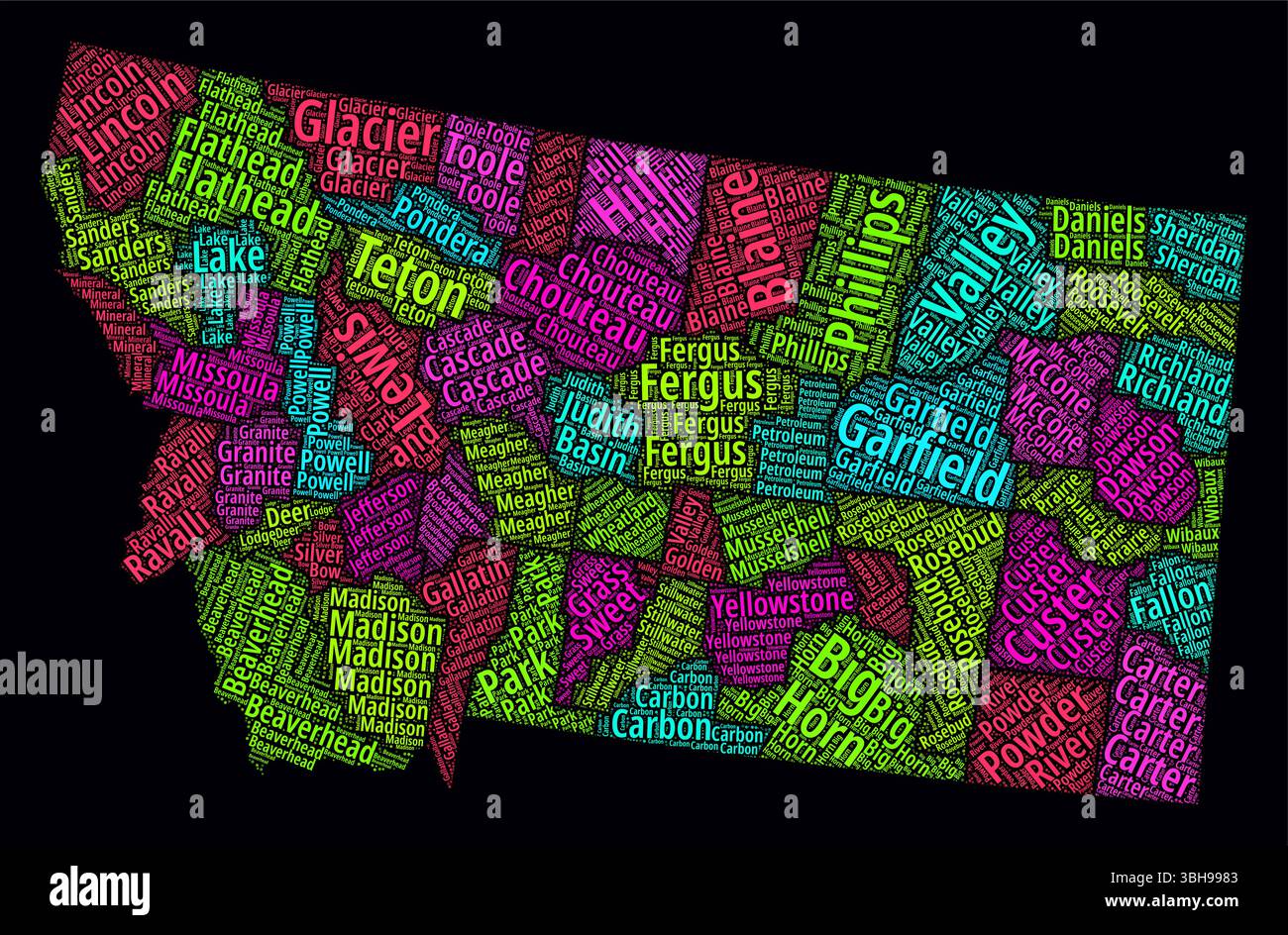 Montana Regionen Wortwolken. Helles typografisches Design auf dunklem Hintergrund. Namen der Region Montana kennzeichnen Wolken. Begrenzungsform. Stock Vektor