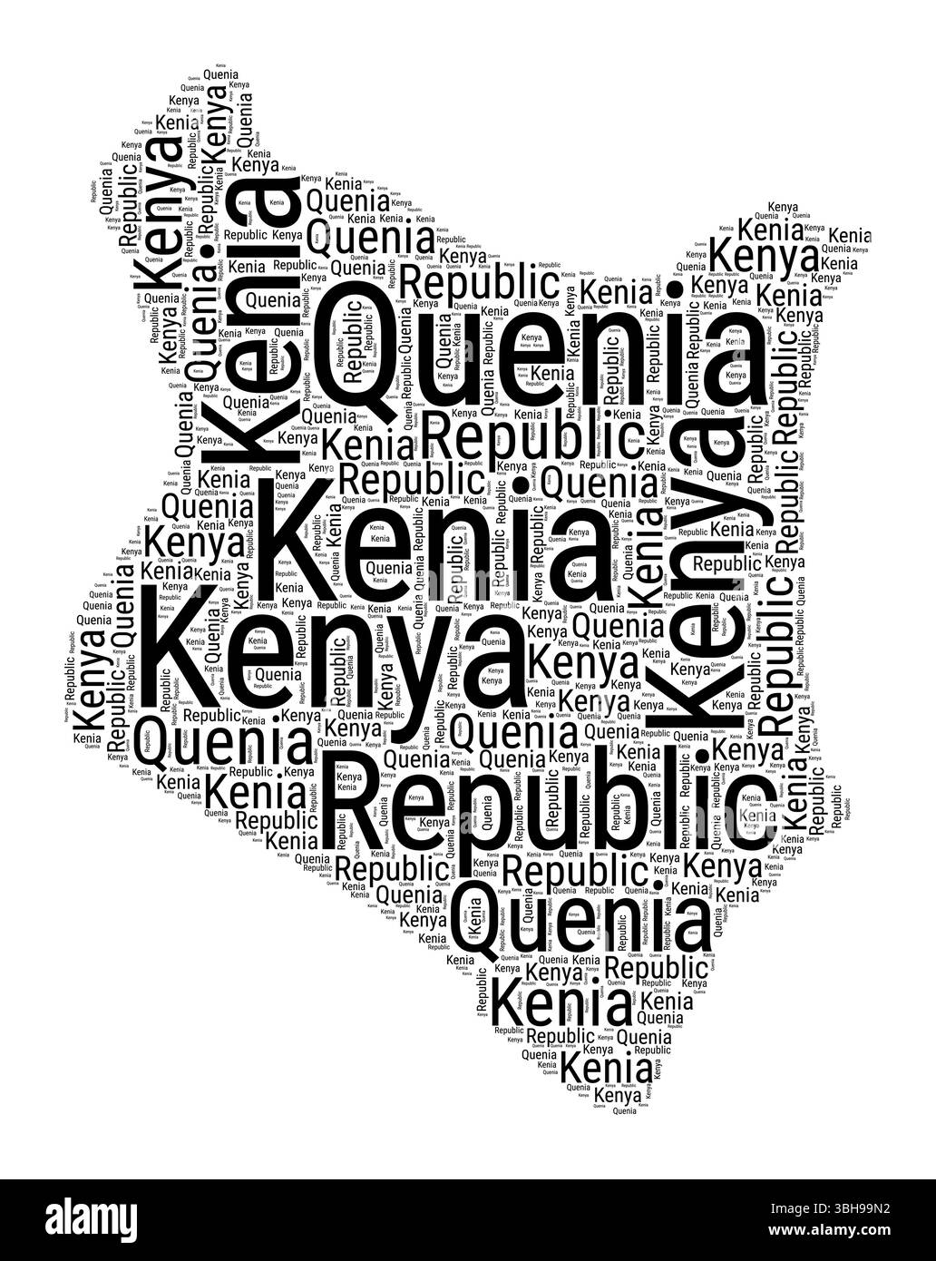 Schwarz-weiß-Wortwolke in kenianischer Form. Einfache typografische Darstellung des Landes. Kenianische schwarze Textwolke auf weißem Hintergrund. Stock Vektor