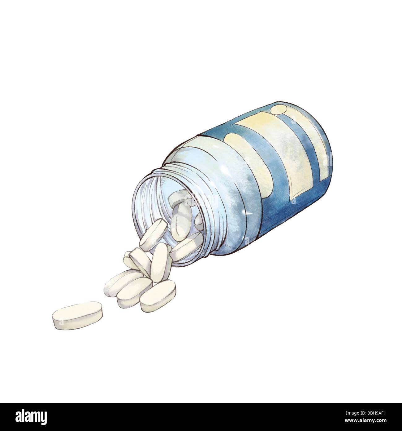 Offene medizinische blaue transparente Flasche mit blassgelben Pillen liegt ohne Deckel, einige der Pillen sind verstreut. Aquarell isoliert auf weiß Stockfoto