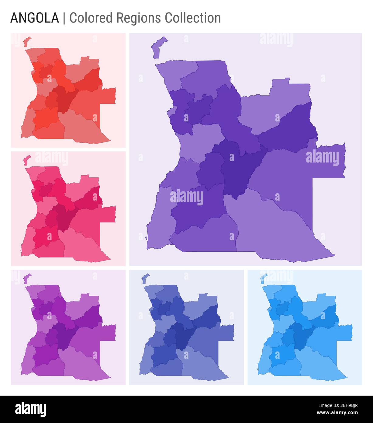 Angola Kartensammlung. Länderform mit farbigen Regionen. Dunkelviolett, Rot, Rosa, Lila, Indigo, blaue Farbpaletten. Stock Vektor