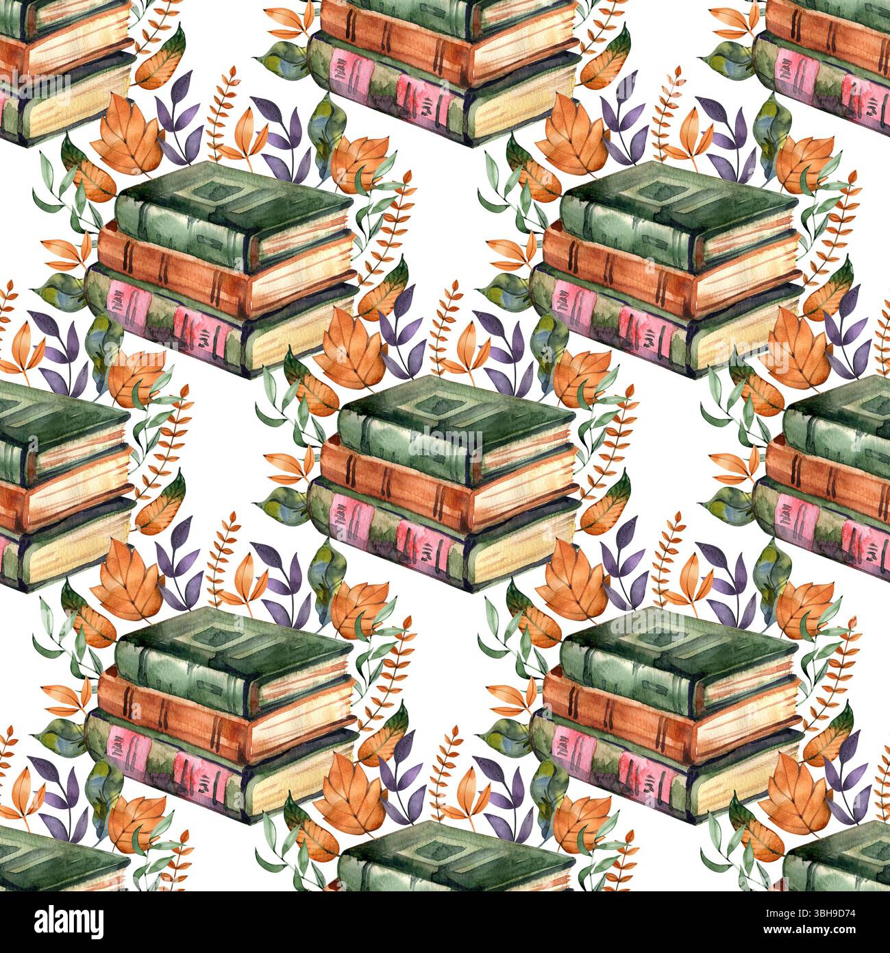 Aquarell Herbst Cottagecore Alte Bücher Nahtloses Muster, Vintage-Leseroutine Textur Stockfoto