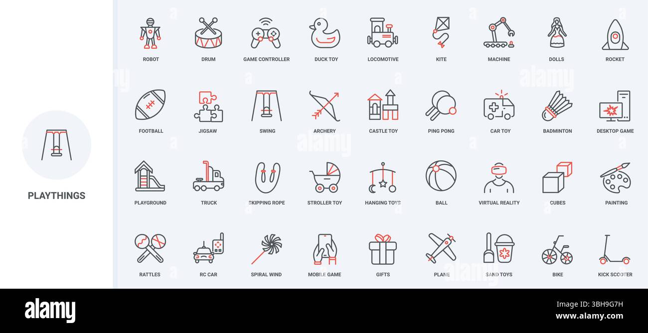 Spielplatz, Spielzeuge und Spiele für den Kinderbereich, Innen- und Außenaktivitäten für Entwicklungslinien-Icon-Set. Puppe, Ente und stapelbare Blöcke, um dünne schwarze und rote Umrisssymbole Vektorillustration zu spielen Stock Vektor