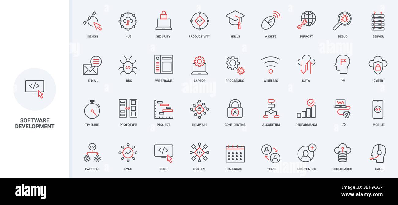 Entwicklung von Software, digitalem System, Unterstützung und Testen der Algorithmusproduktivität, Symbolsatz für die Fehlersuche. Cyber-Projekt-Zeitachse, Verarbeitung dünner schwarzer und roter Umrisssymbole Vektorillustration Stock Vektor