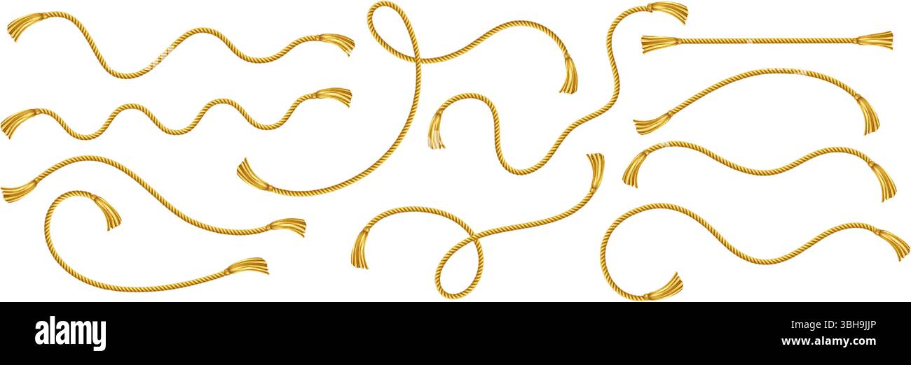 Vektor-Illustration Hintergrund mit realistischen goldenen Seilen in verschiedenen verdrehten und gewellten Arrangements, die dekorative und dekorative Seile darstellen Stock Vektor