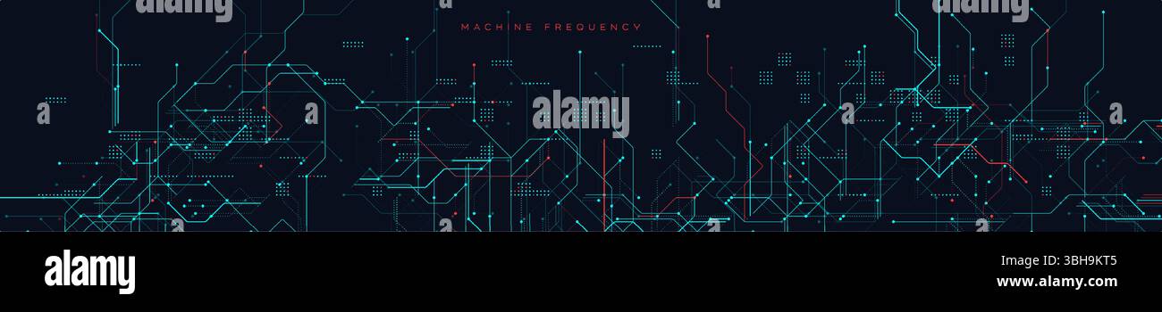 Hintergrund des Maschinenfrequenzkreises mit futuristischen roten und blauen Linien. High-Tech-Netzwerkkarte mit leuchtenden Verbindungen und schematischen Mustern im Dunkeln Stock Vektor