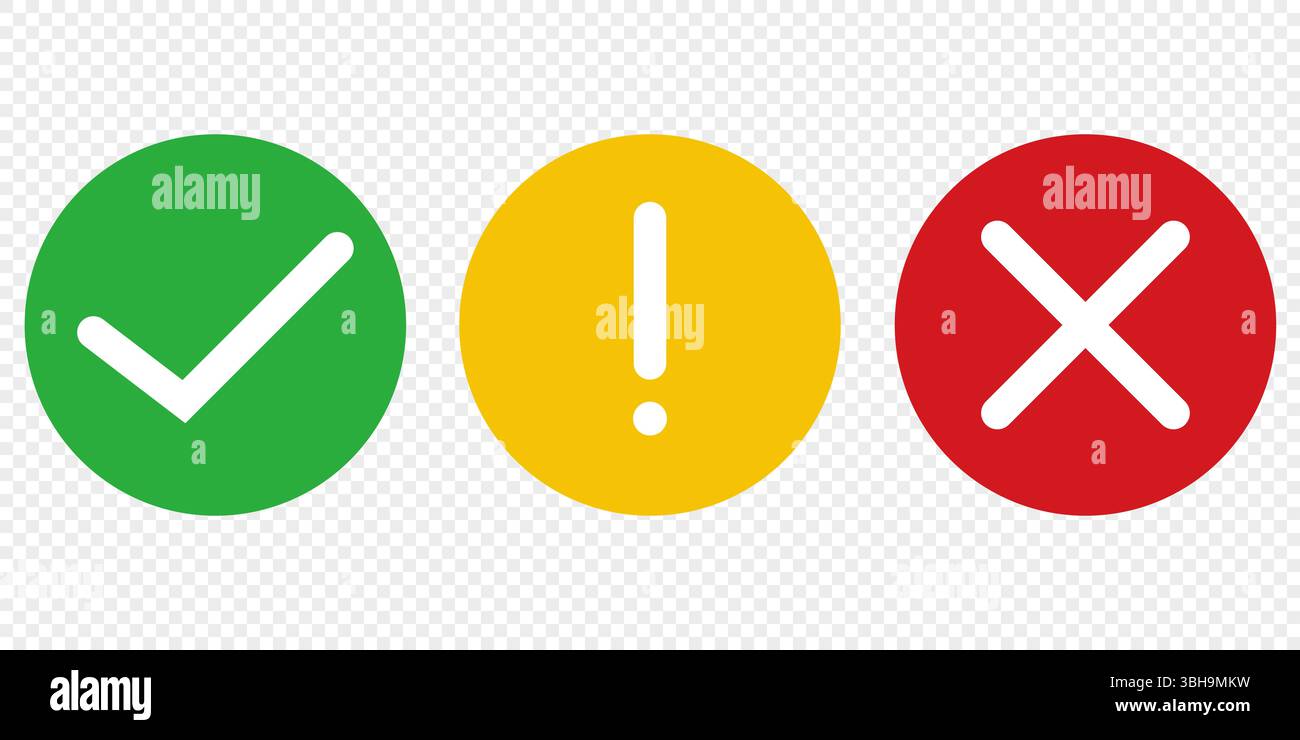 Vektorrunde Häkchen, Ausrufezeichen, x-Zeichen Stock Vektor