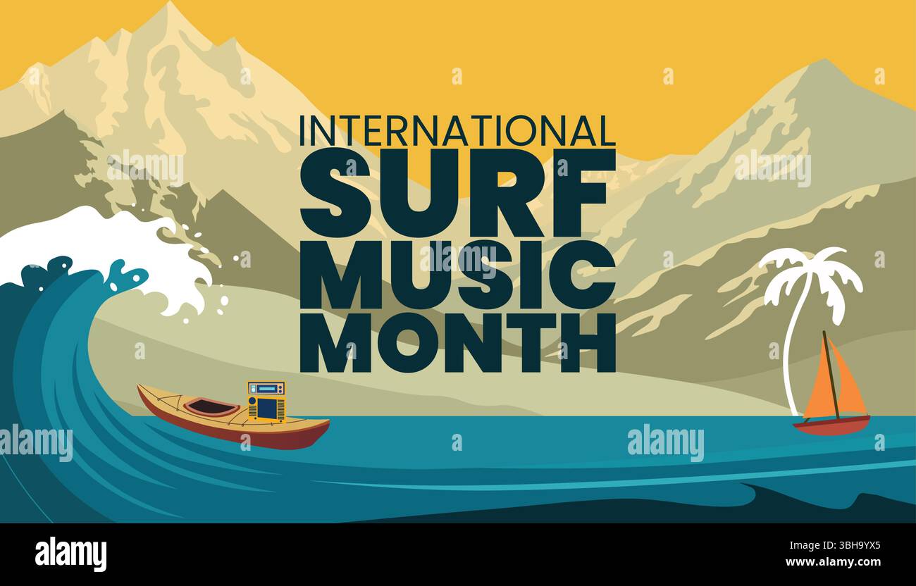 Hintergrundvorlage für den internationalen Surf-Musikmonat. Surfende Gitarren und Endless Summers, Surf Music lebt weiter Stock Vektor
